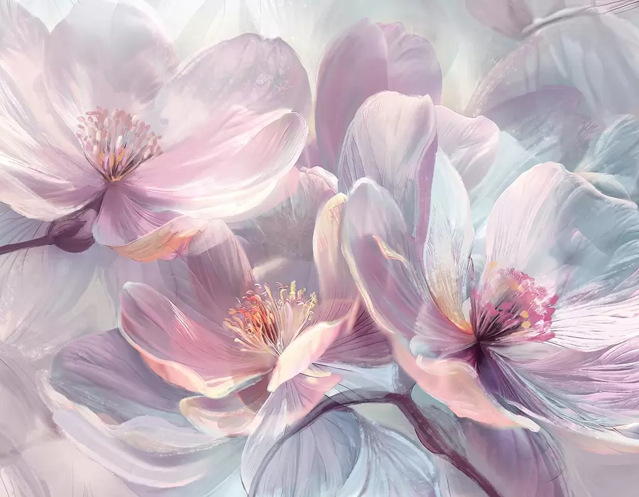 Fotobehang Fijne transparante pastel neonlichtroze en witte bloemen met zachte, onscherpe achtergrond w01307