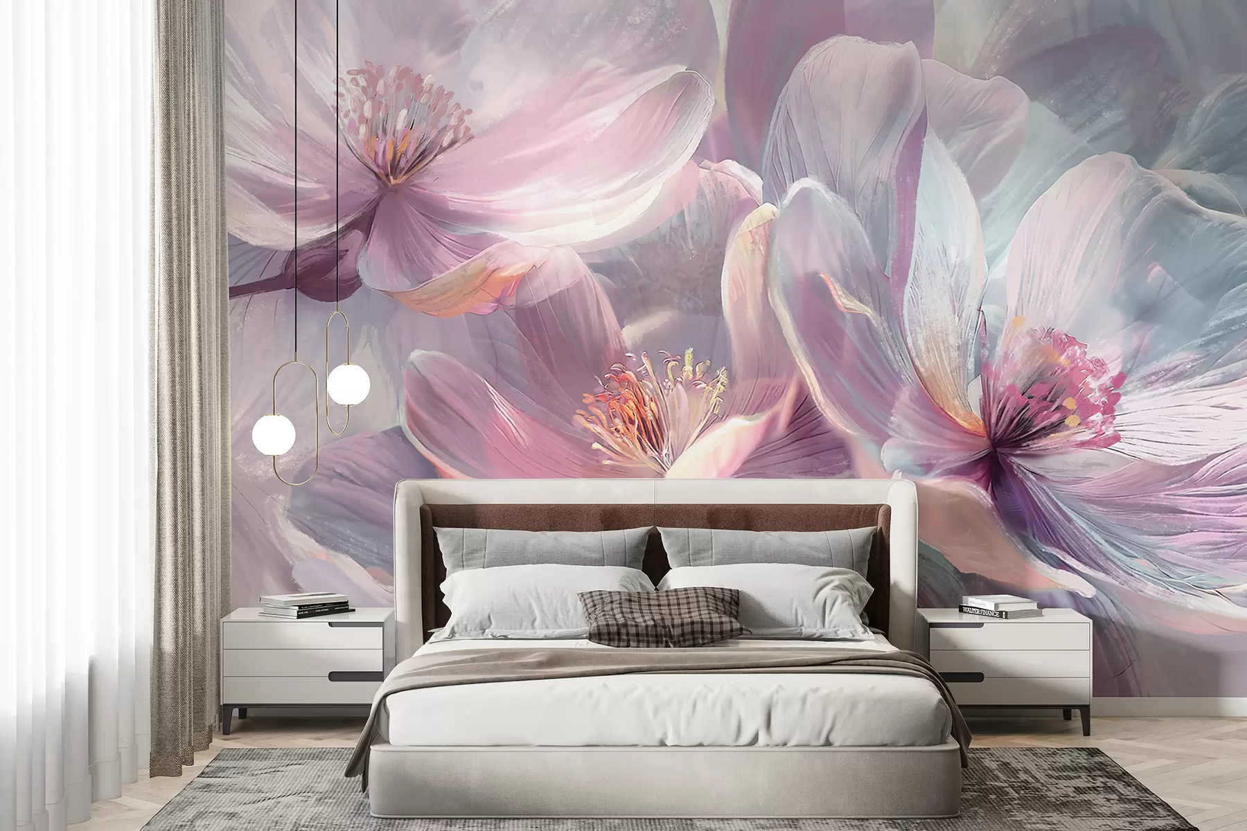 Fotobehang Fijne transparante pastel neonlichtroze en witte bloemen met zachte, onscherpe achtergrond w01307