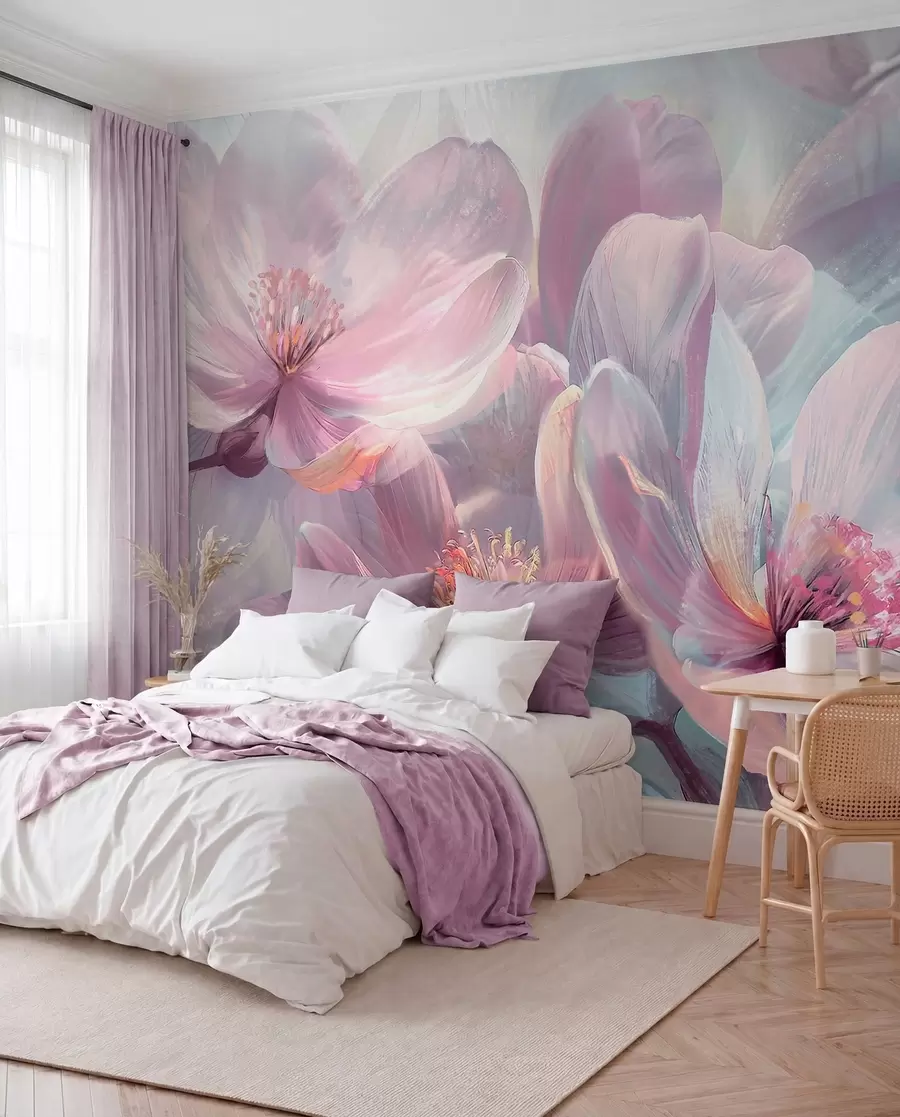 Fotobehang Fijne transparante pastel neonlichtroze en witte bloemen met zachte, onscherpe achtergrond w01307