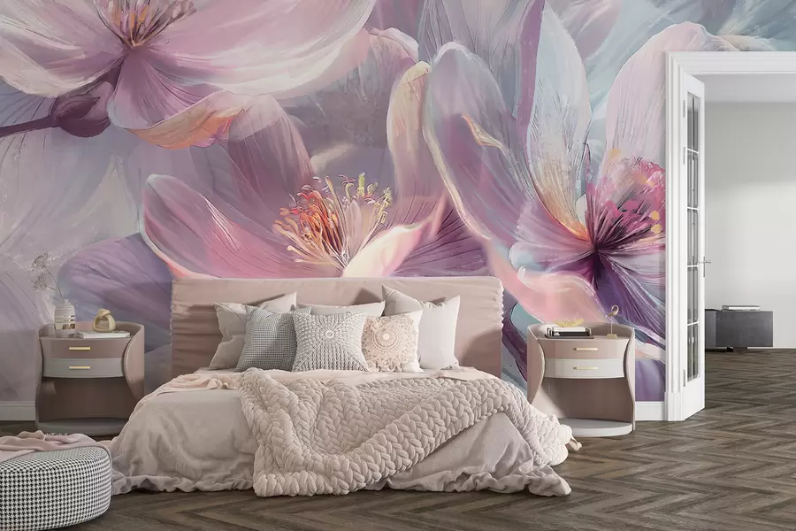 Fotobehang Fijne transparante pastel neonlichtroze en witte bloemen met zachte, onscherpe achtergrond w01307