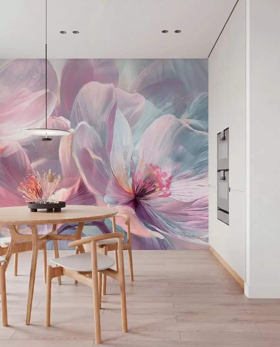 Fotobehang Fijne transparante pastel neonlichtroze en witte bloemen met zachte, onscherpe achtergrond w01307