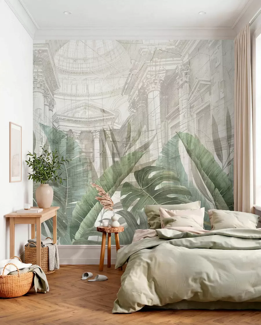 Fotobehang Een grootse tekening met sierlijke architectonische marmeren zuilen en weelderige tropische groene planten  w01311