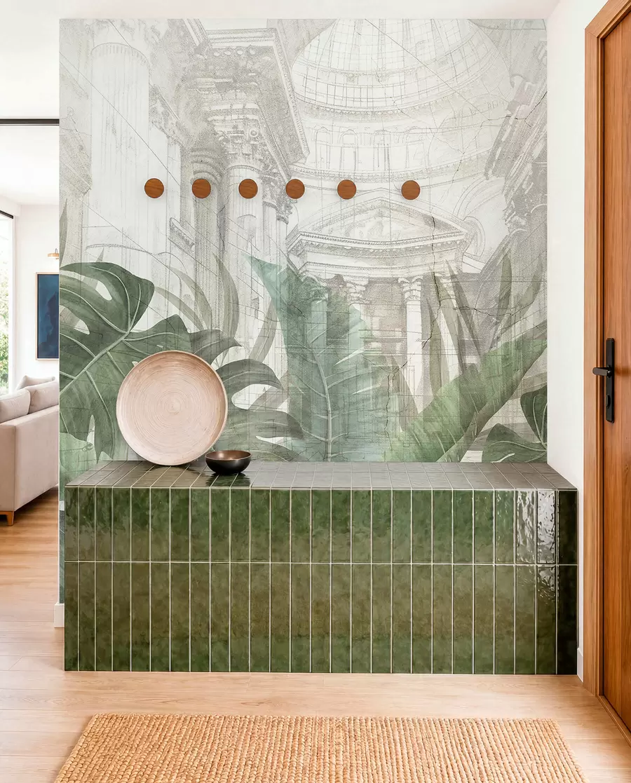 Fotobehang Een grootse tekening met sierlijke architectonische marmeren zuilen en weelderige tropische groene planten  w01311