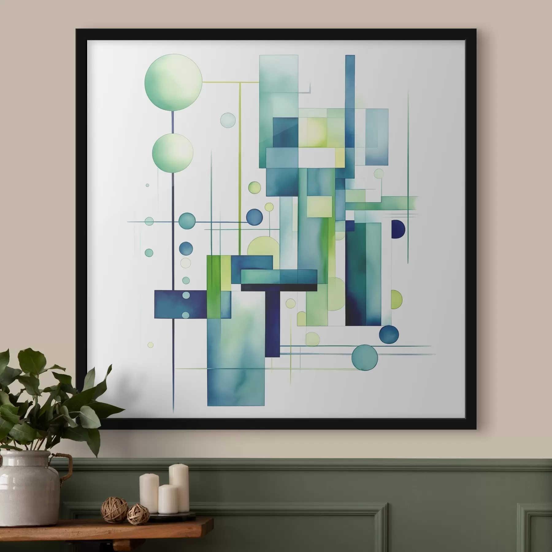 Fotobehang Abstracte geometrische aquarel compositie, boho stijl, groene en blauwe kleuren f39430