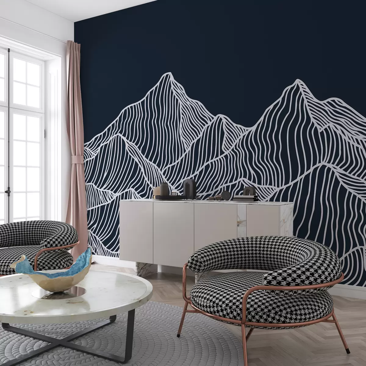 Fotobehang Witte lineaire bergen op een blauwe achtergrond w01214v3