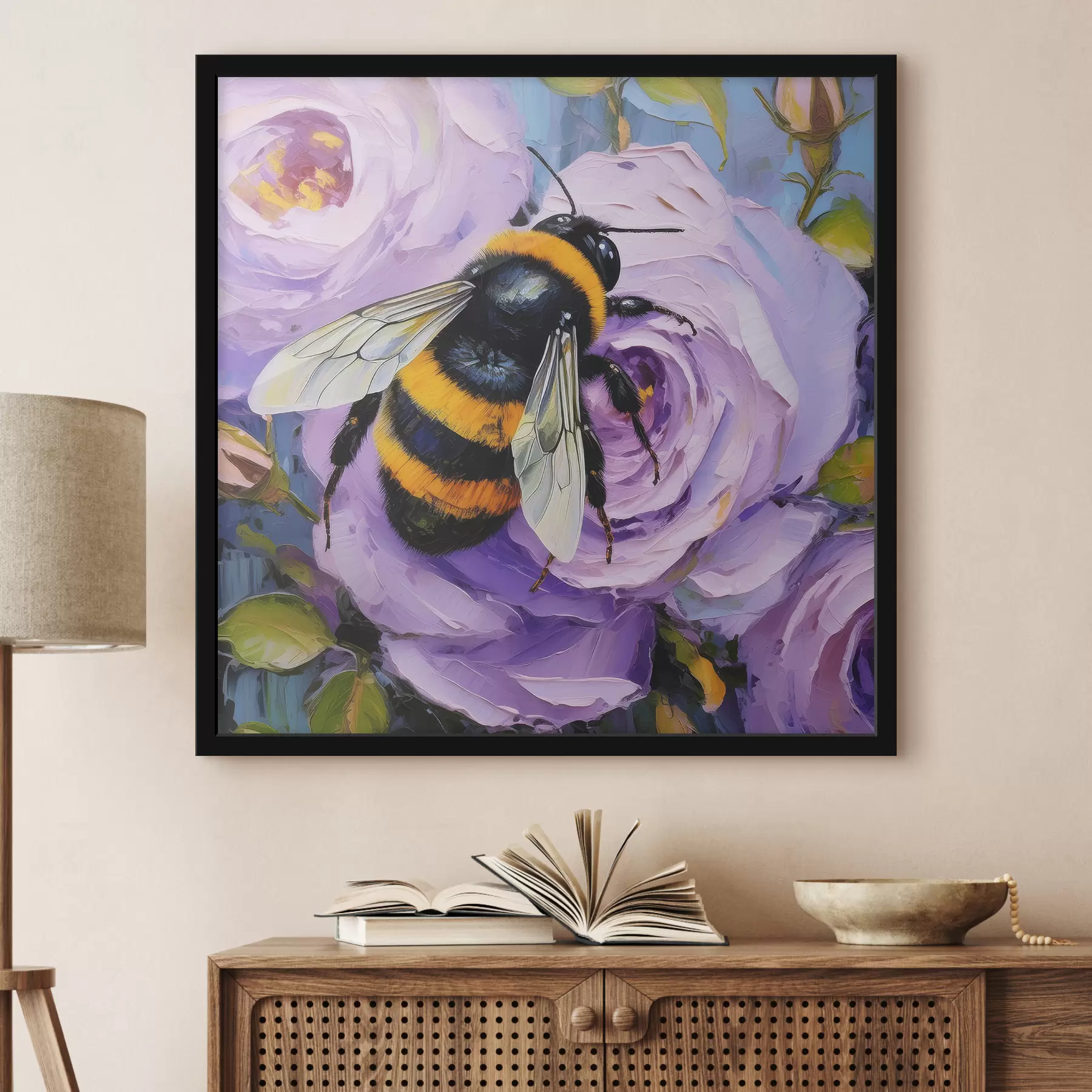 Fotobehang Bij op roze pioenrozen, zomerbloemen, olieverfschilderij, levendige penseelstreken f39410