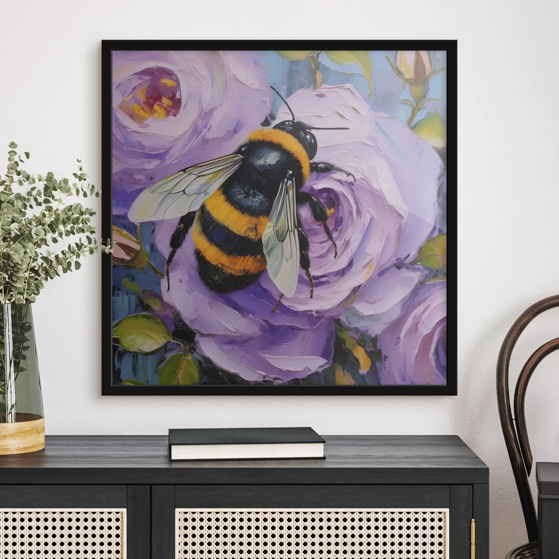 Fotobehang Bij op roze pioenrozen, zomerbloemen, olieverfschilderij, levendige penseelstreken f39410