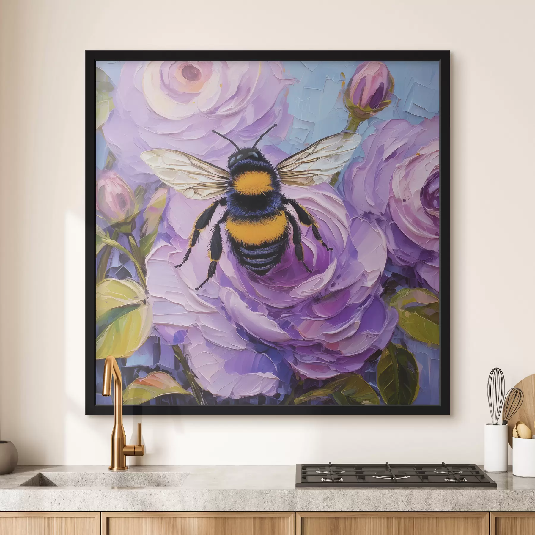 Fotobehang Bij op roze pioenrozen, kleurrijke zomerbloemen, olieverfschilderij, levendige penseelstreken f39411