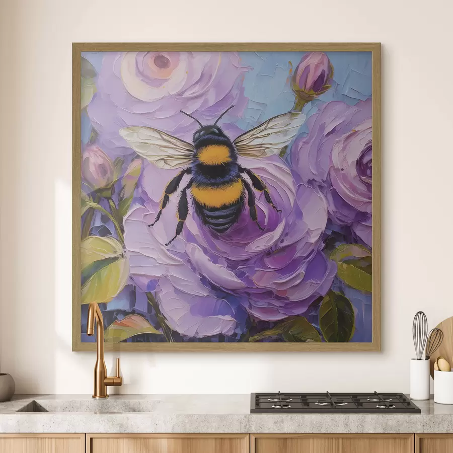 Fotobehang Bij op roze pioenrozen, kleurrijke zomerbloemen, olieverfschilderij, levendige penseelstreken f39411