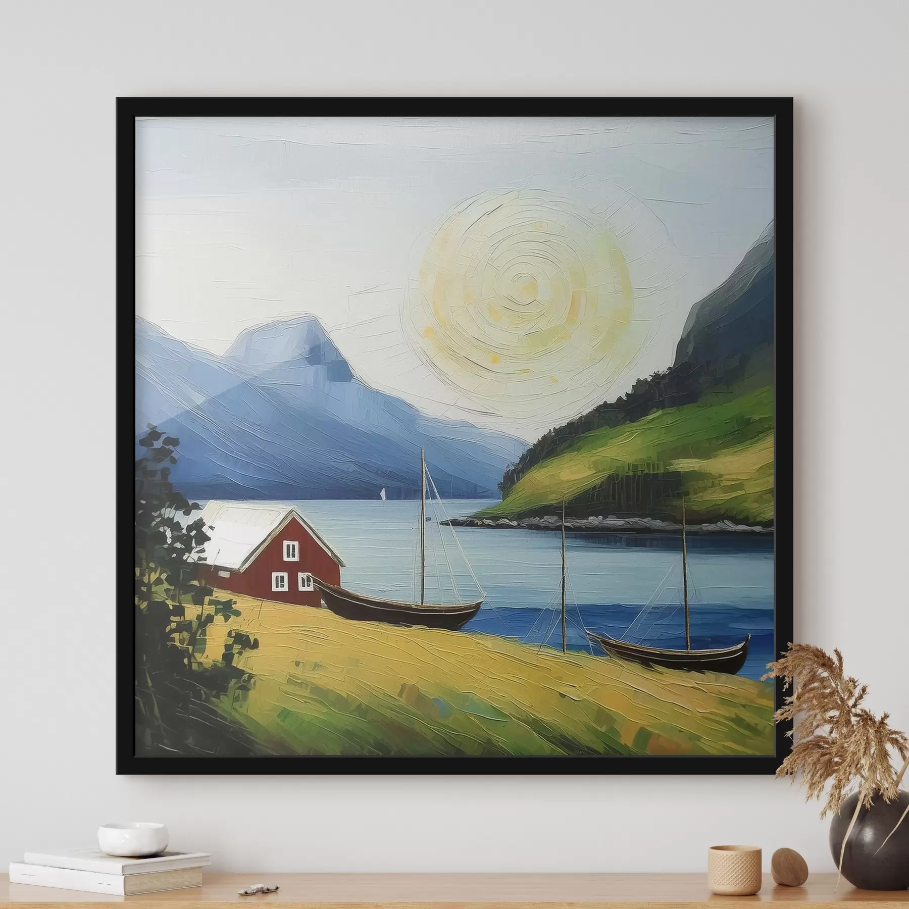 Fotobehang Scandinavische zomer, klein huis aan de zeekust, zon in de blauwe lucht, bergen f39423