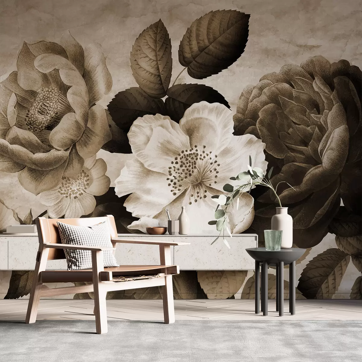 Fotobehang Bloemen in sepiatinten w01294