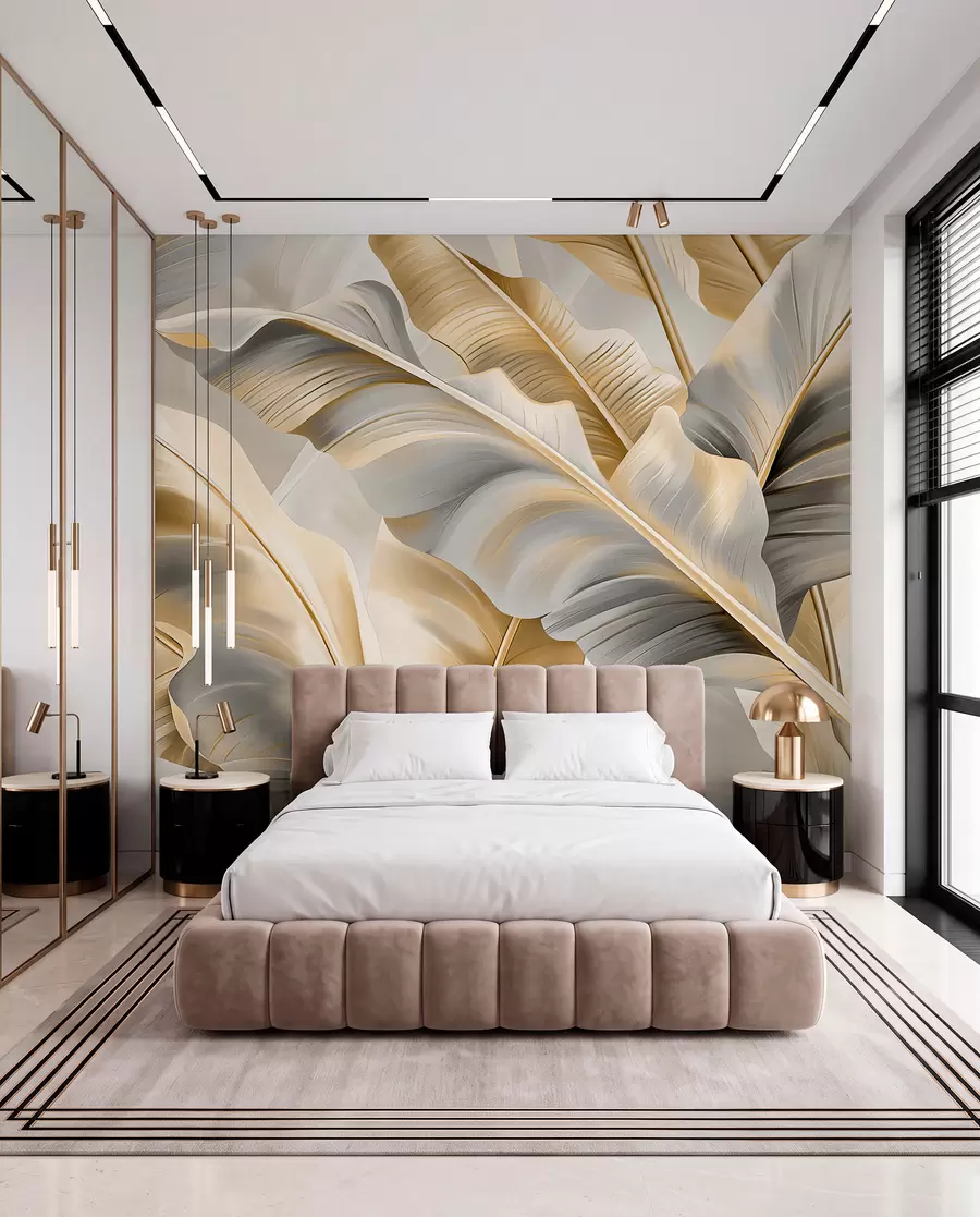 Fotobehang luxe grote bananenbladeren in grijsbeige tinten w07876