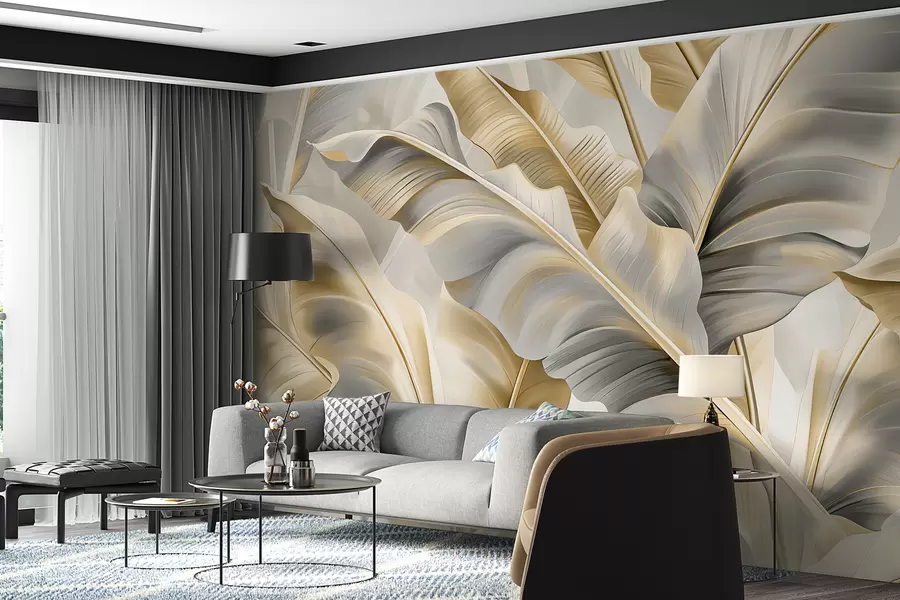 Fotobehang luxe grote bananenbladeren in grijsbeige tinten w07876