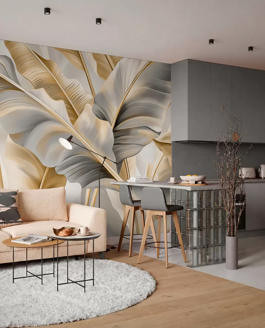 Fotobehang luxe grote bananenbladeren in grijsbeige tinten w07876