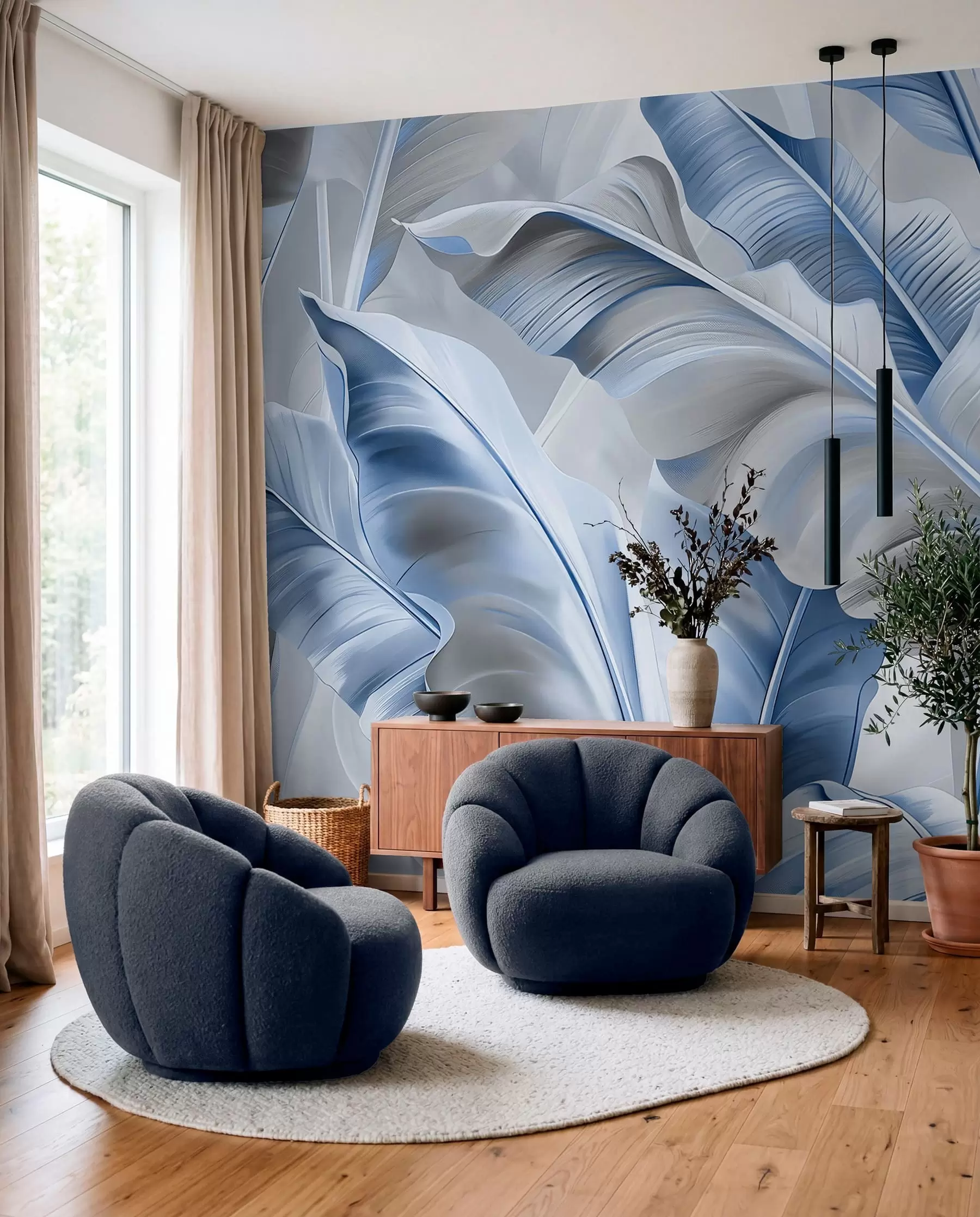 Fotobehang Blauw bladerdak van bananen w07876v1