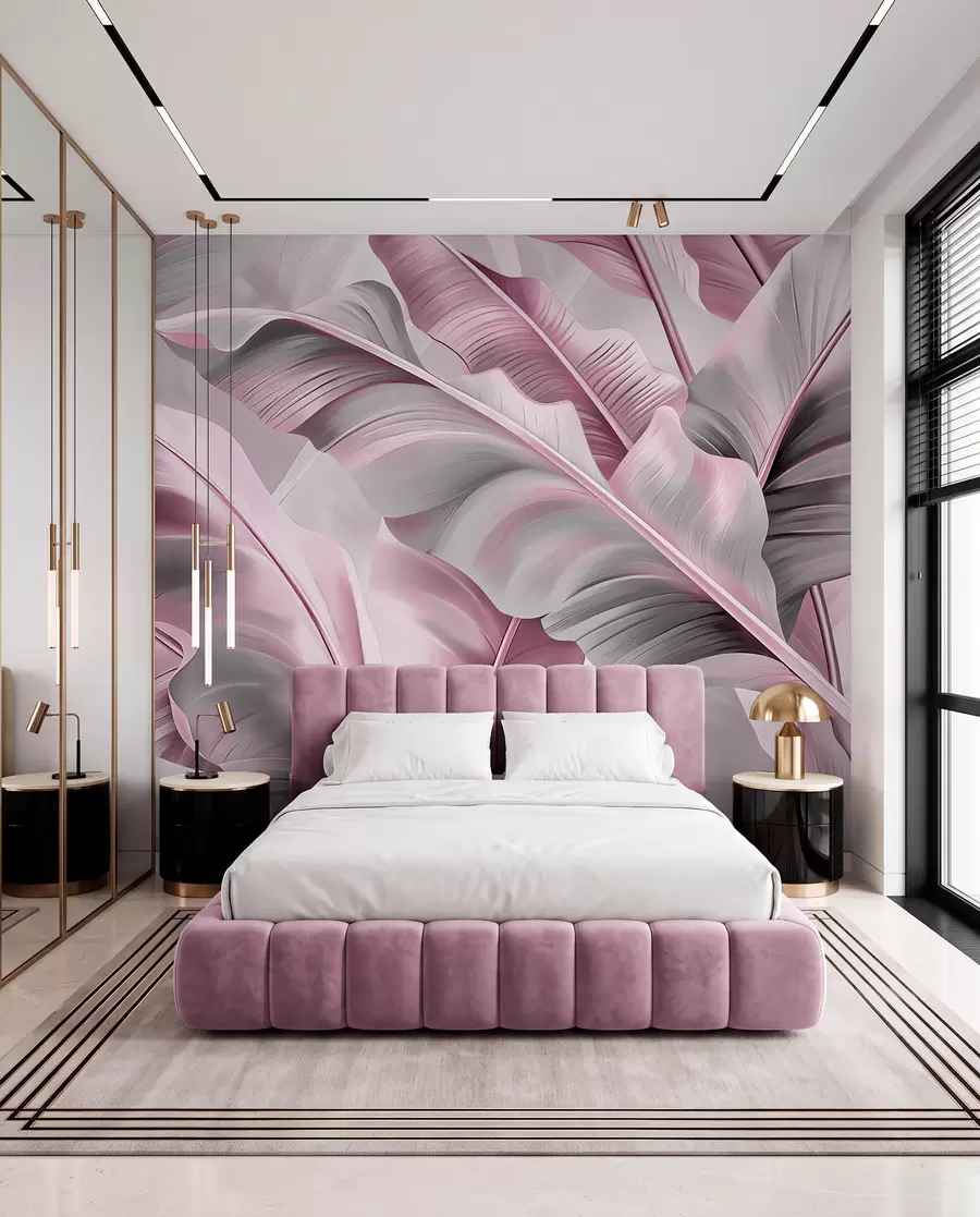 Fotobehang luxe grote bananenbladeren in roze-grijze tinten w07876v2