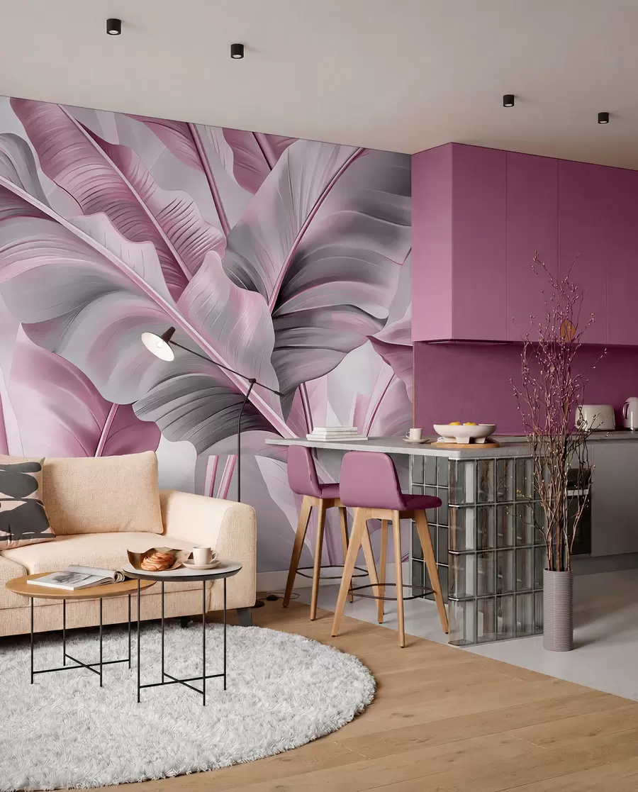 Fotobehang luxe grote bananenbladeren in roze-grijze tinten w07876v2