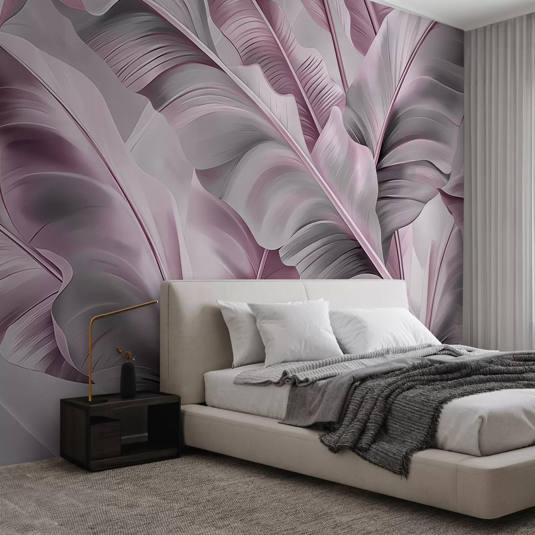 Fotobehang luxe grote bananenbladeren in roze-grijze tinten w07876v2