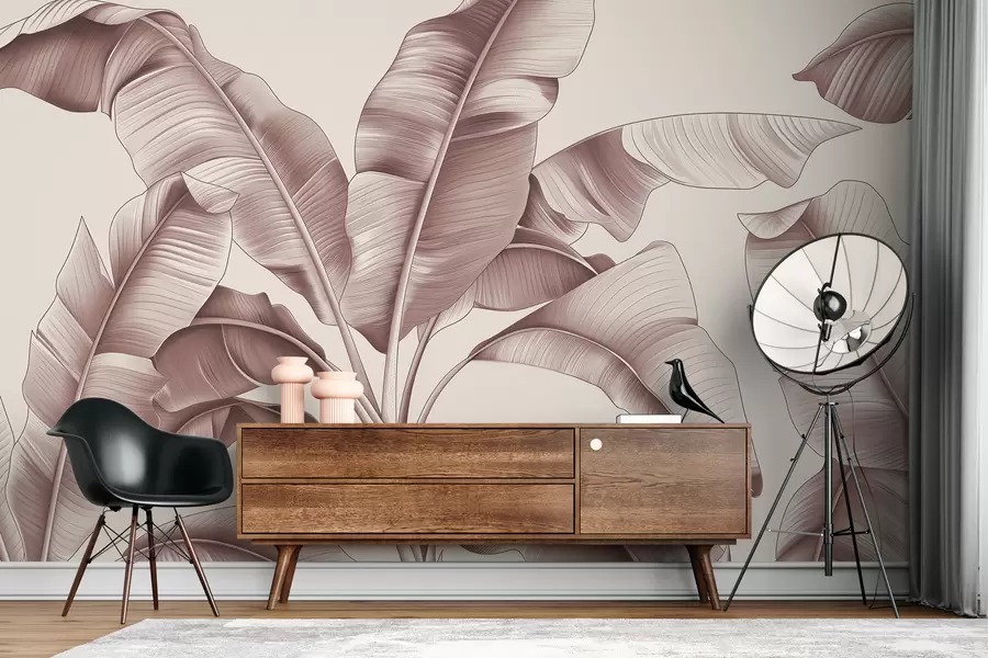 Fotobehang getekende grote bananenbladeren in pastelroze w07877v1