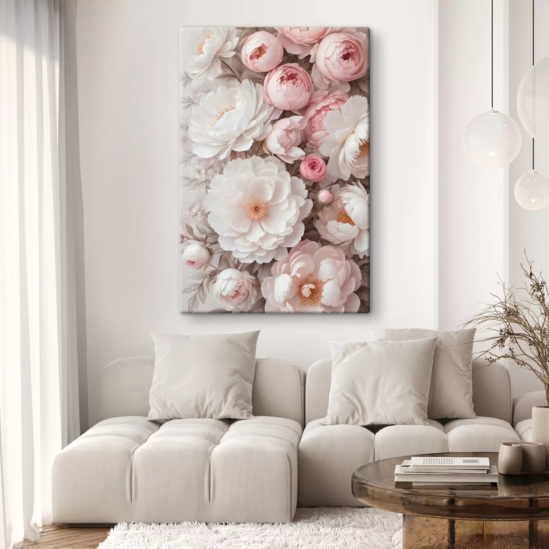 Fotobehang Boeket van grote witte en roze pioenrozen met zachte, delicate bloemblaadjes tegen een lichte achtergrond s39408