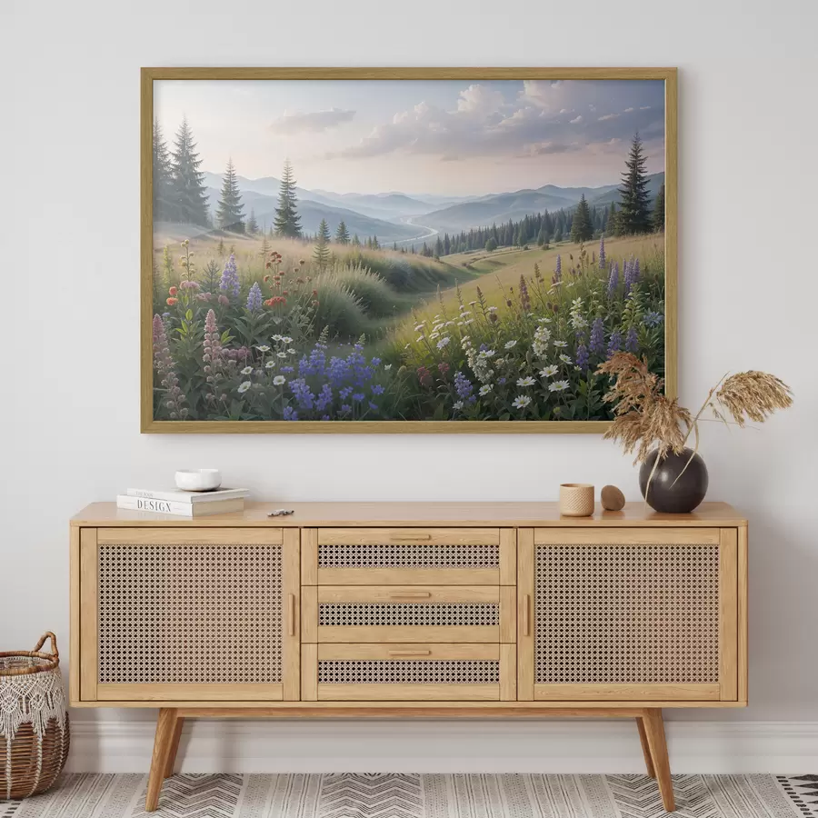 Fotobehang Berglandschap met een grazige weide op de voorgrond vol kleurrijke wilde bloemen f39382