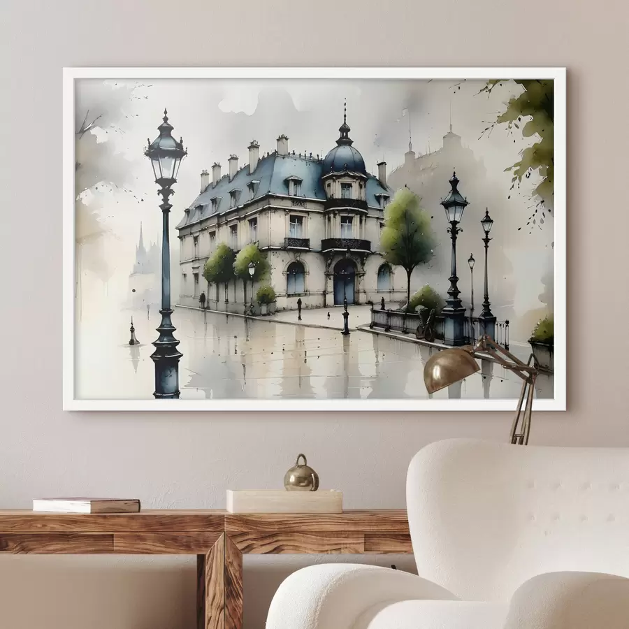 Fotobehang Een groots gebouw met aquarelkunst omringd door lantaarnpalen en bomen, op een regenachtige dag f39391
