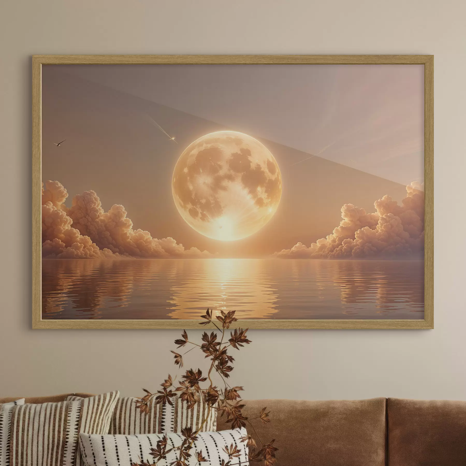 Fotobehang Een grote, heldere volle maan die bij zonsondergang opkomt boven een kalme, reflecterende oceaan f39403