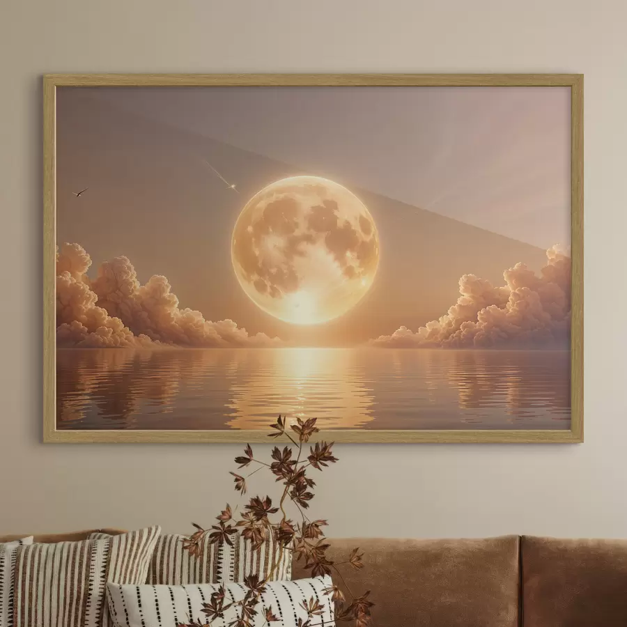Fotobehang Een grote, heldere volle maan die bij zonsondergang opkomt boven een kalme, reflecterende oceaan f39403