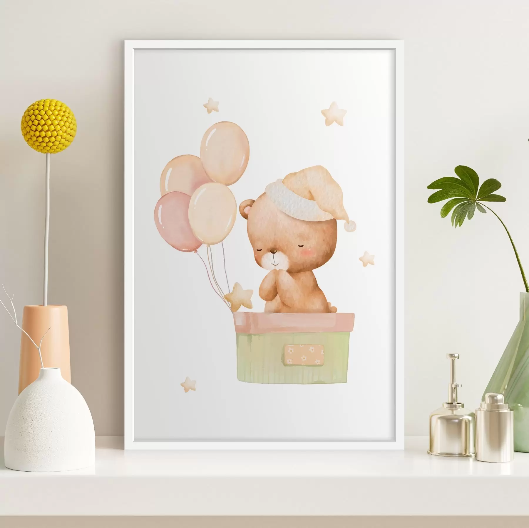Fotobehang Schattige teddybeer met ballonnen en sterren f37918