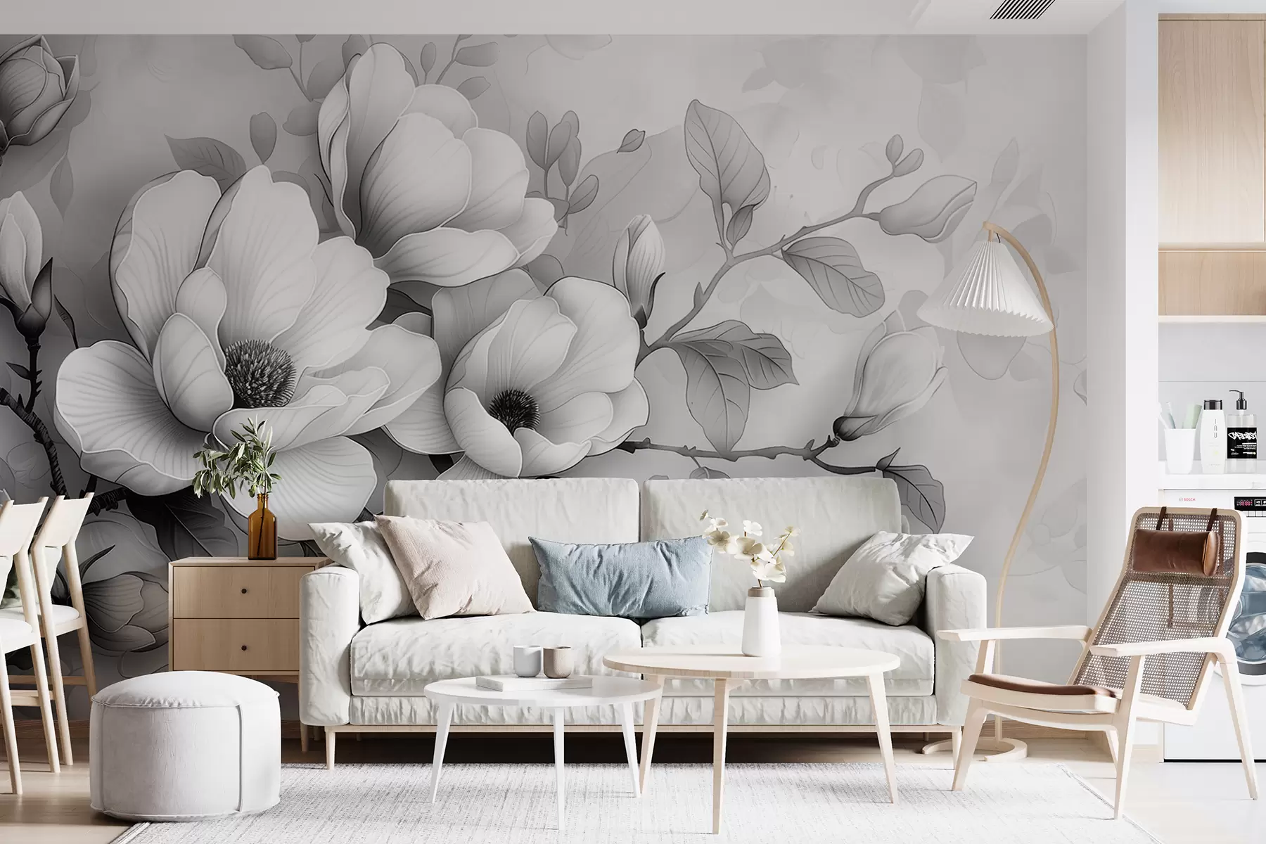 Fotobehang Een zwart-wit afbeelding van een magnolia op een grijze achtergrond w01277
