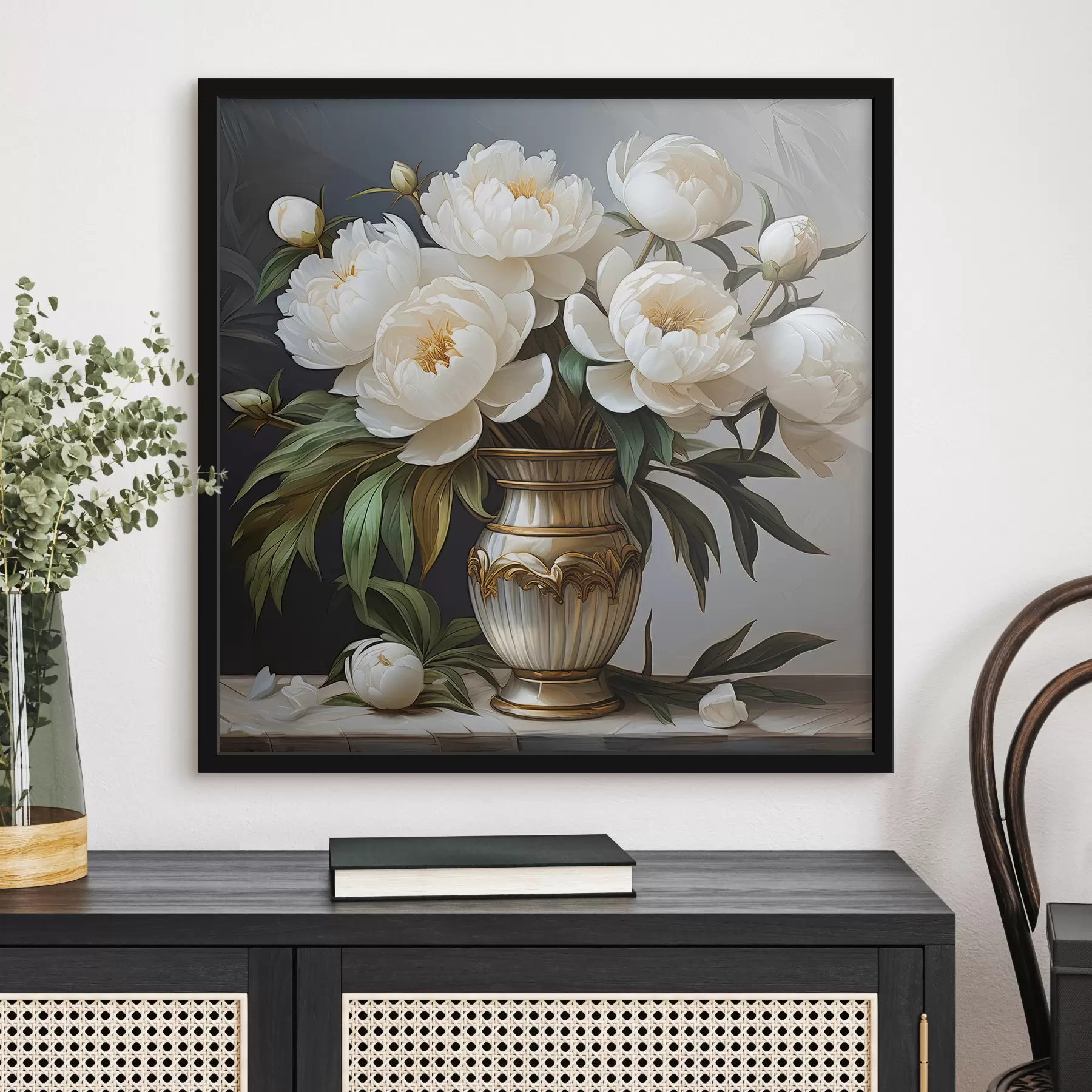 Fotobehang witte pioenrozen in een vaas f39475
