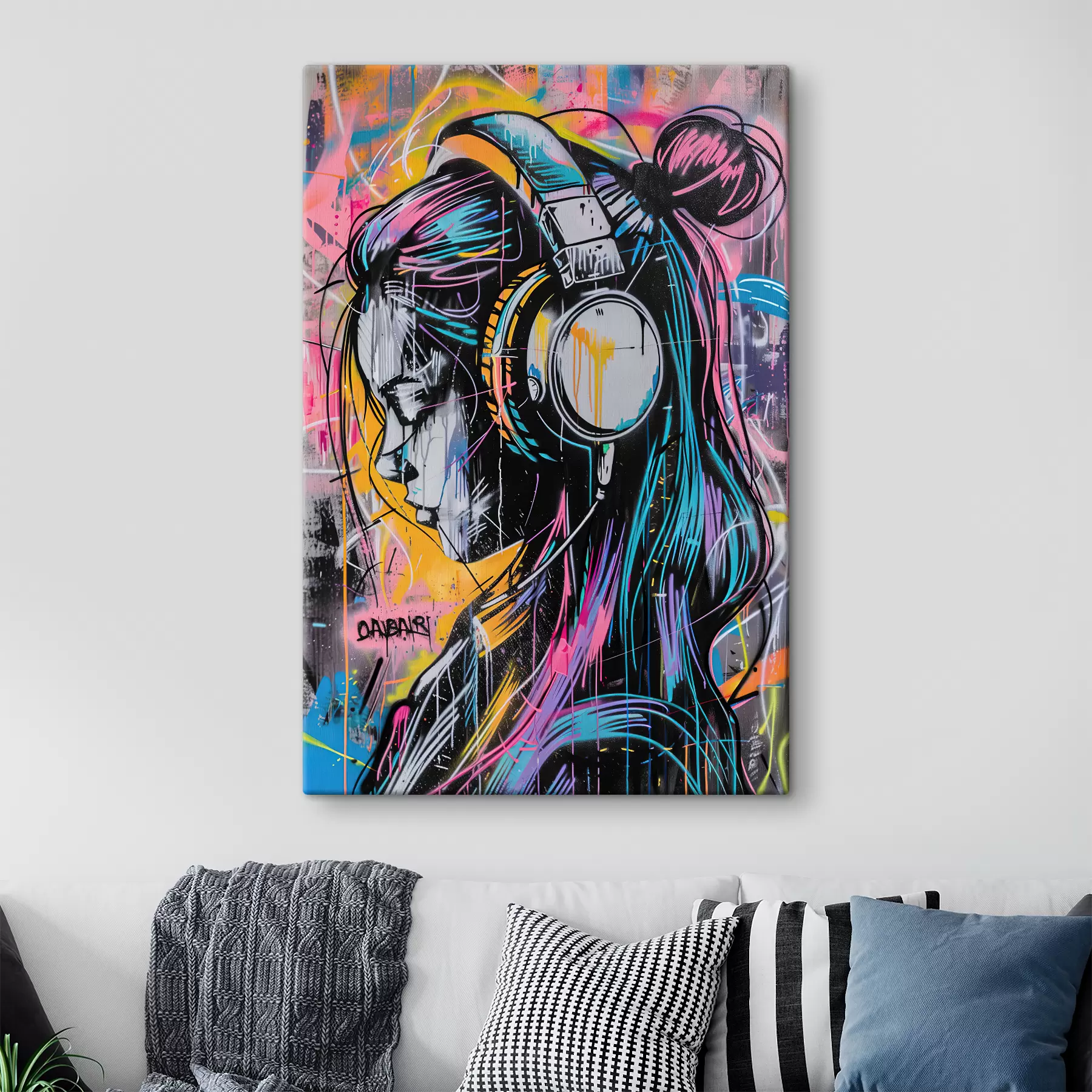 Fotobehang Vrouw met koptelefoon in graffiti-stijl s39443
