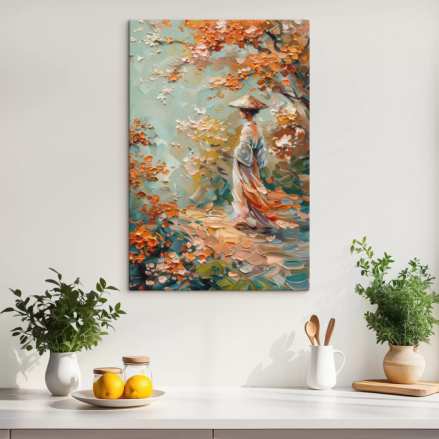 Fotobehang Vrouw in de tuin geschilderd met penseelstreken s39486