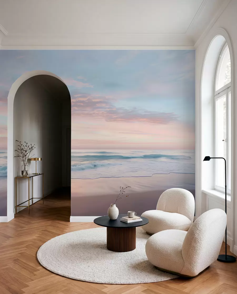 Fotobehang Roze wolken boven de kust w07935
