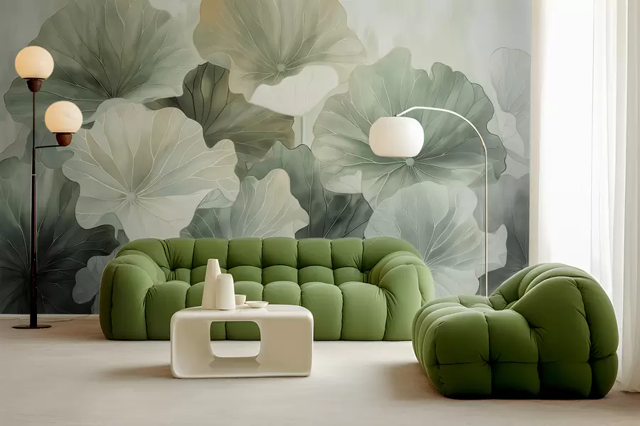 Fotobehang Grote lotusbladeren zijn beschilderd met waterverf w07938v1