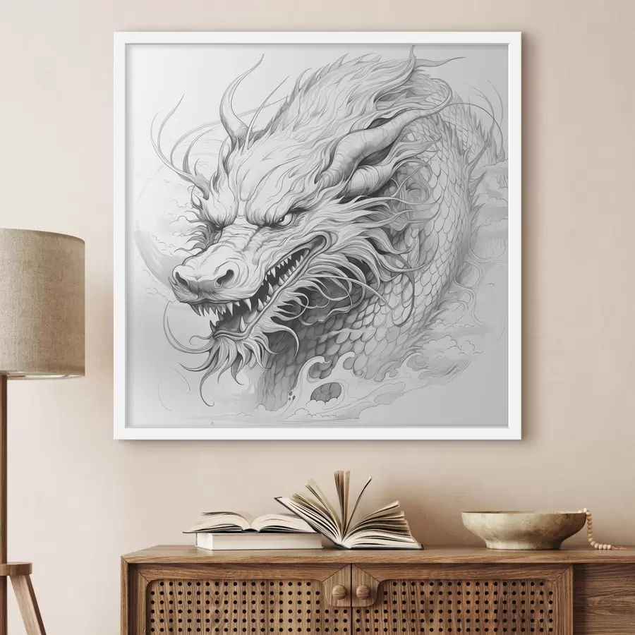 Fotobehang Monochrome lijntekening van een draak in Chinese stijl f39563