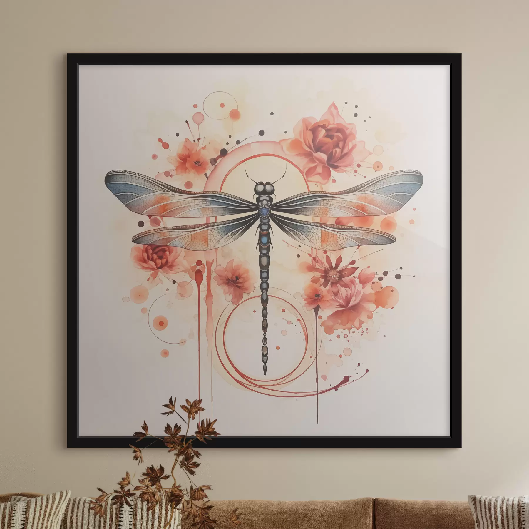 Fotobehang Libelle tussen rode aquarelbloemen f39567