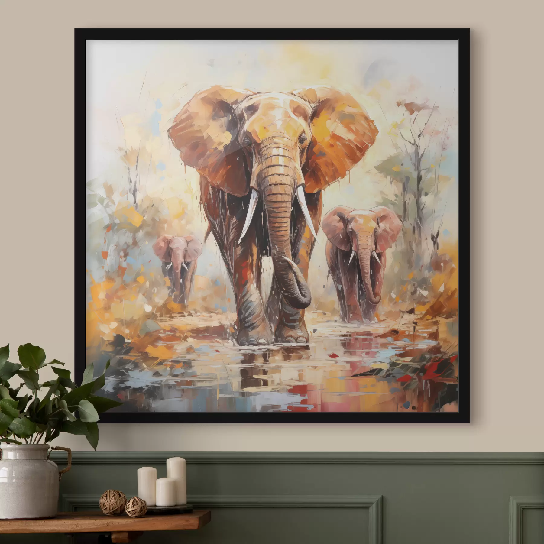 Fotobehang Een kudde olifanten op de savanne, olieverfschilderij, abstracte kunst f39573