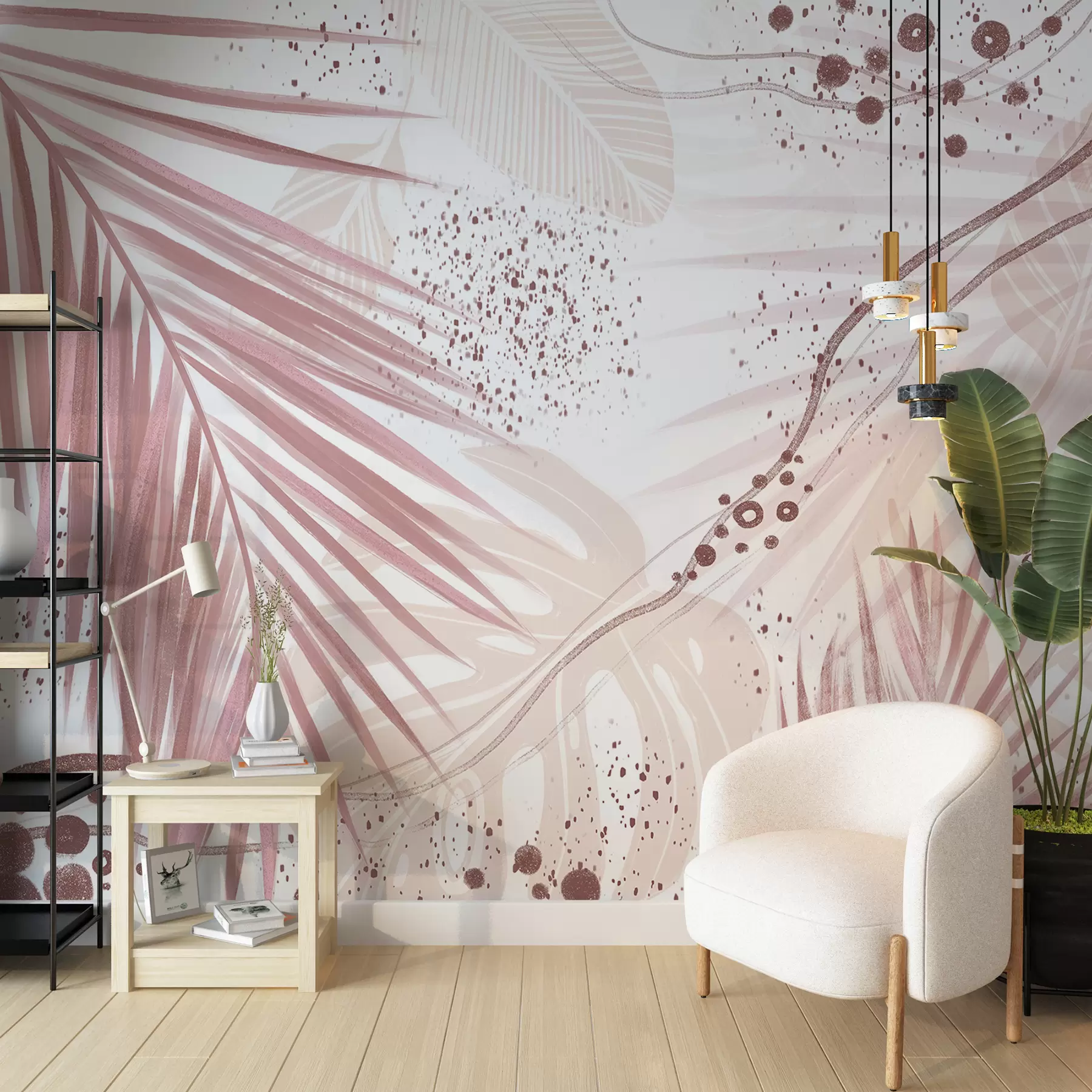Fotobehang Tropische roze palmbladeren en bladeren, met abstracte vormen en spetters in roze en witte tinten w07918v1