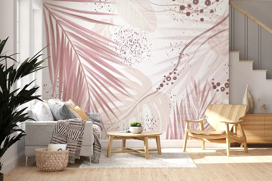 Fotobehang Tropische roze palmbladeren en bladeren, met abstracte vormen en spetters in roze en witte tinten w07918v1