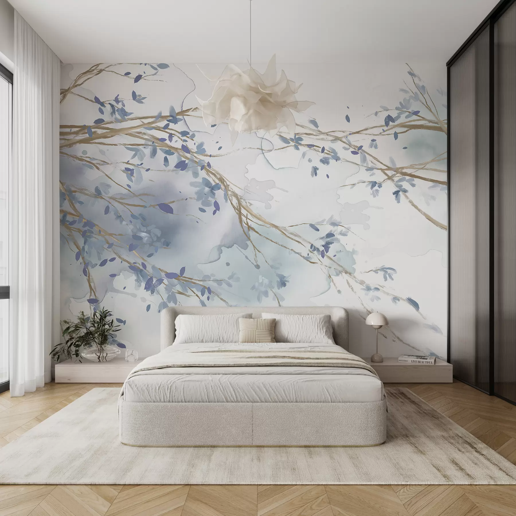 Fotobehang Fijne blauwe en witte bloementakken met zachte, wazige aquarelachtergrond w07919