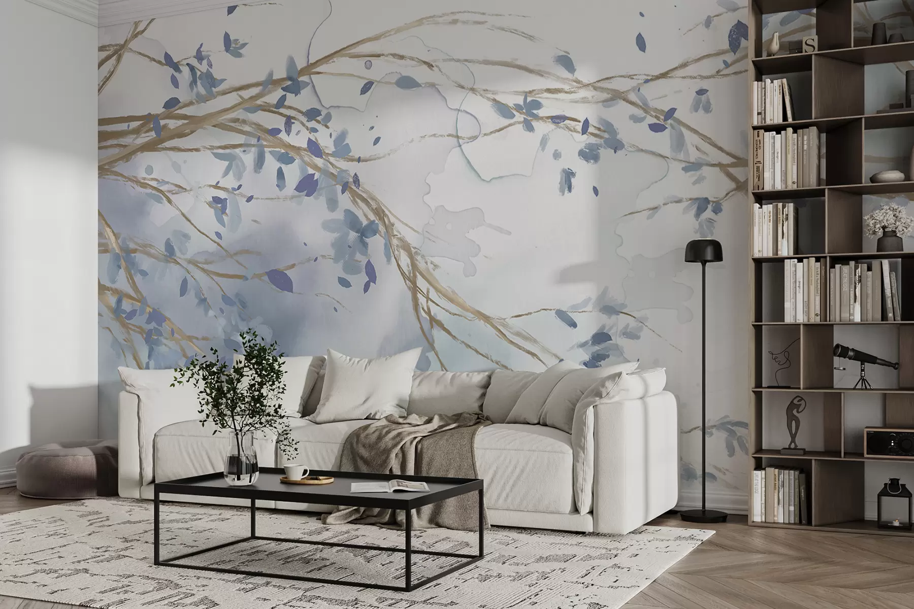 Fotobehang Fijne blauwe en witte bloementakken met zachte, wazige aquarelachtergrond w07919