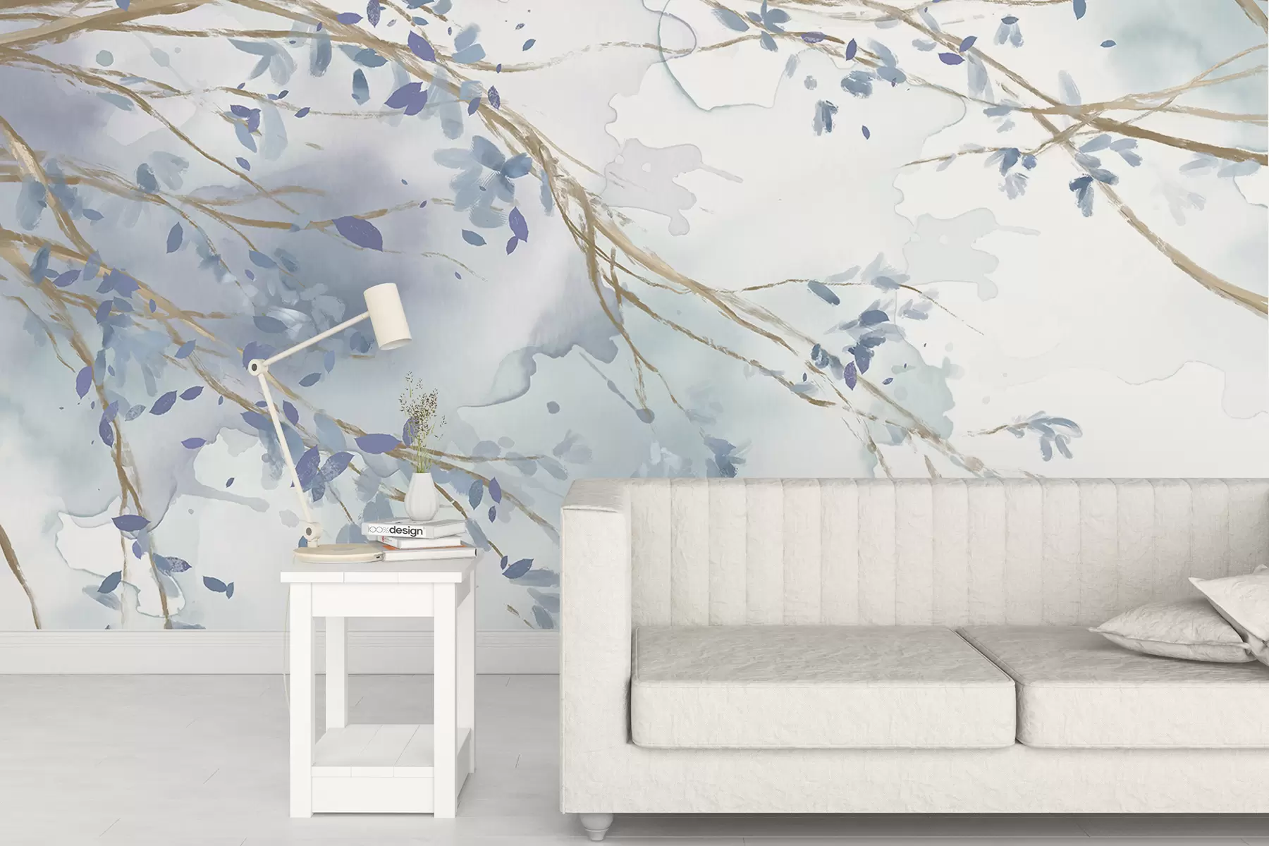 Fotobehang Fijne blauwe en witte bloementakken met zachte, wazige aquarelachtergrond w07919
