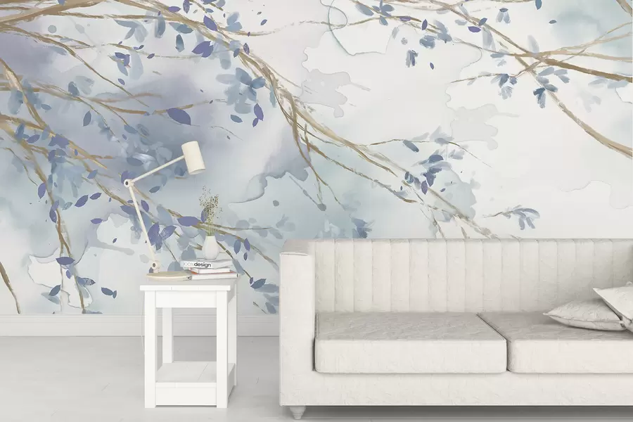 Fotobehang Fijne blauwe en witte bloementakken met zachte, wazige aquarelachtergrond w07919