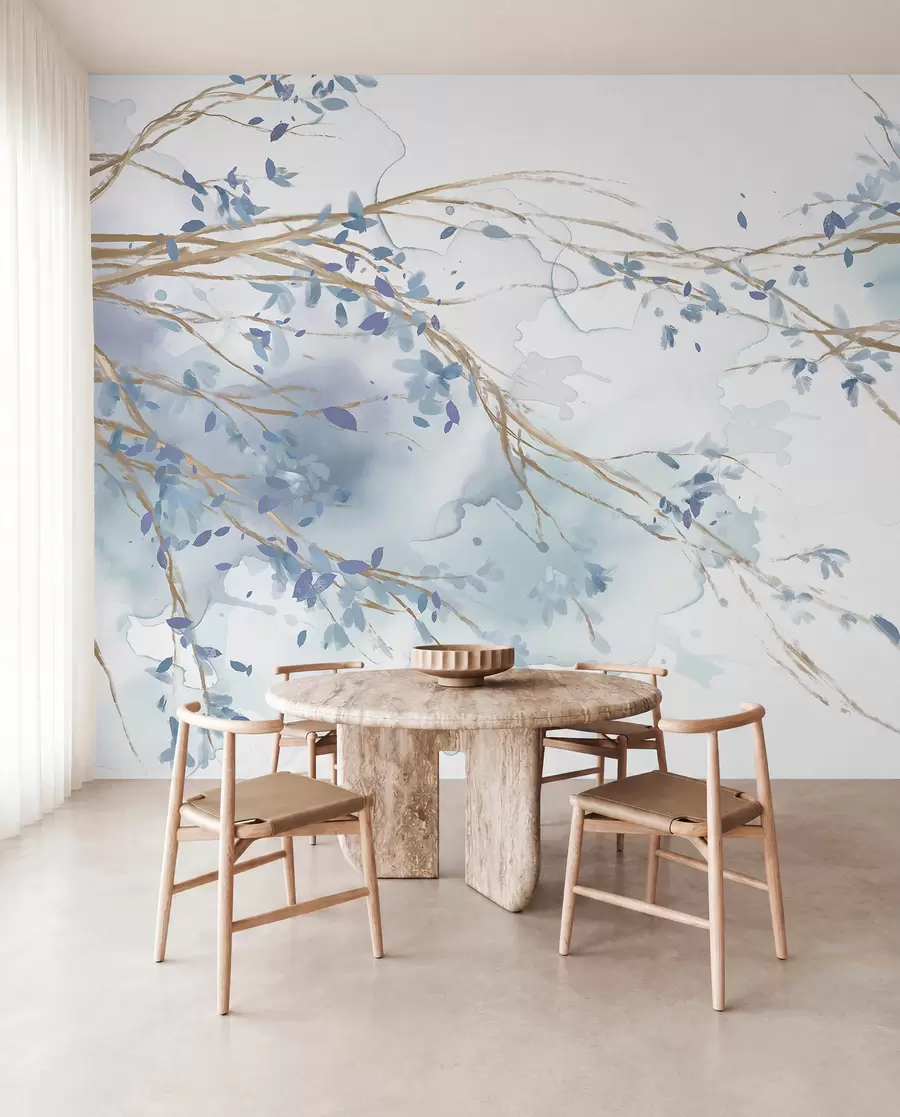 Fotobehang Fijne blauwe en witte bloementakken met zachte, wazige aquarelachtergrond w07919