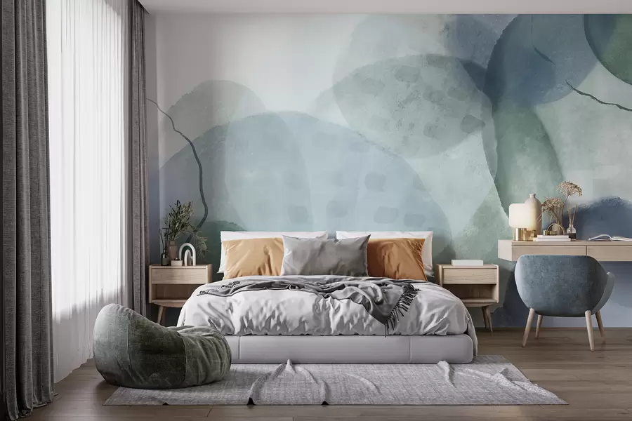 Fotobehang Zachte, aquarelachtige abstracte vormen in de kleuren blauw, groen en wit w07926