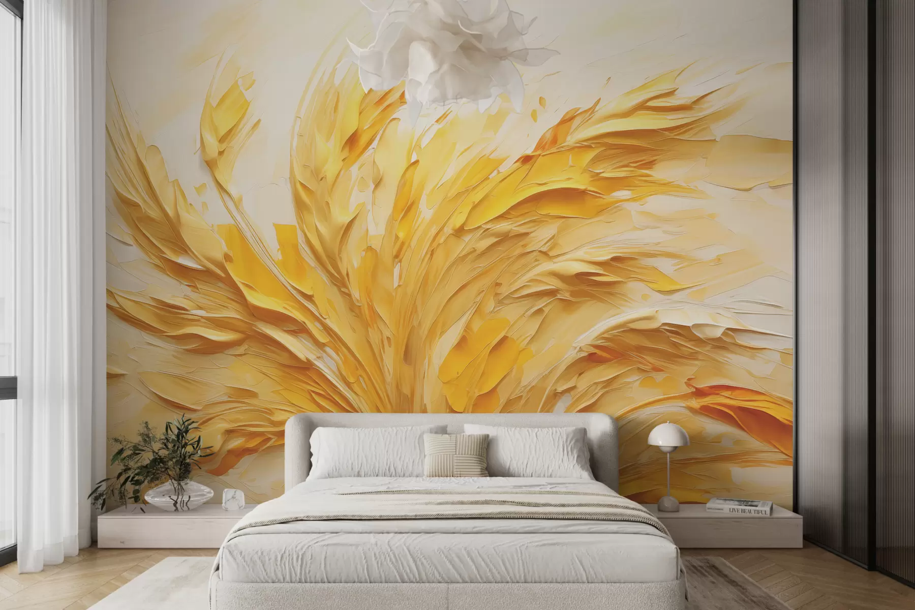 Fotobehang Tarwe abstract schilderij met grote lijnen, gele kleur w07963