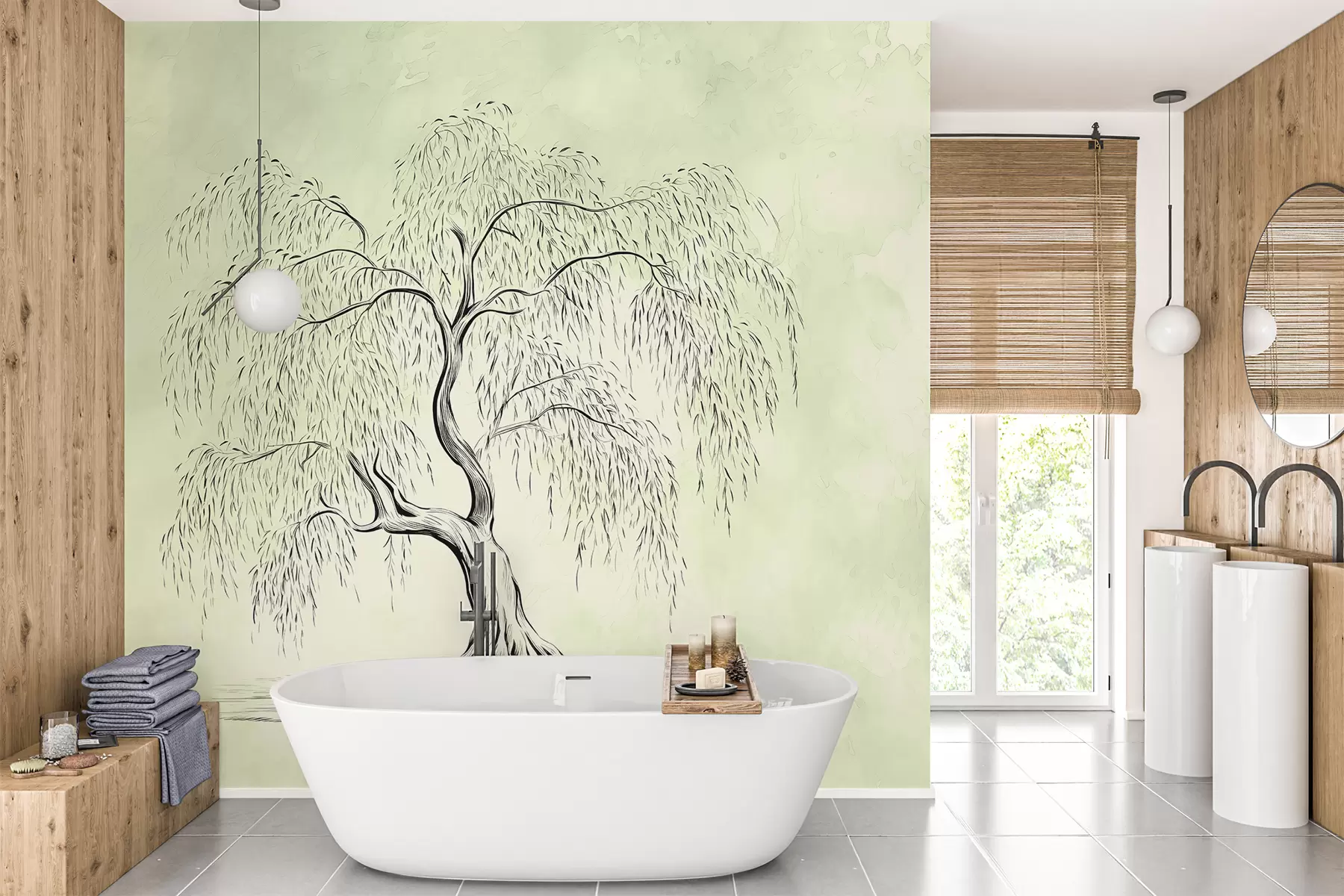 Fotobehang Wilg op groen grijze aquarel achtergrond w07969v1