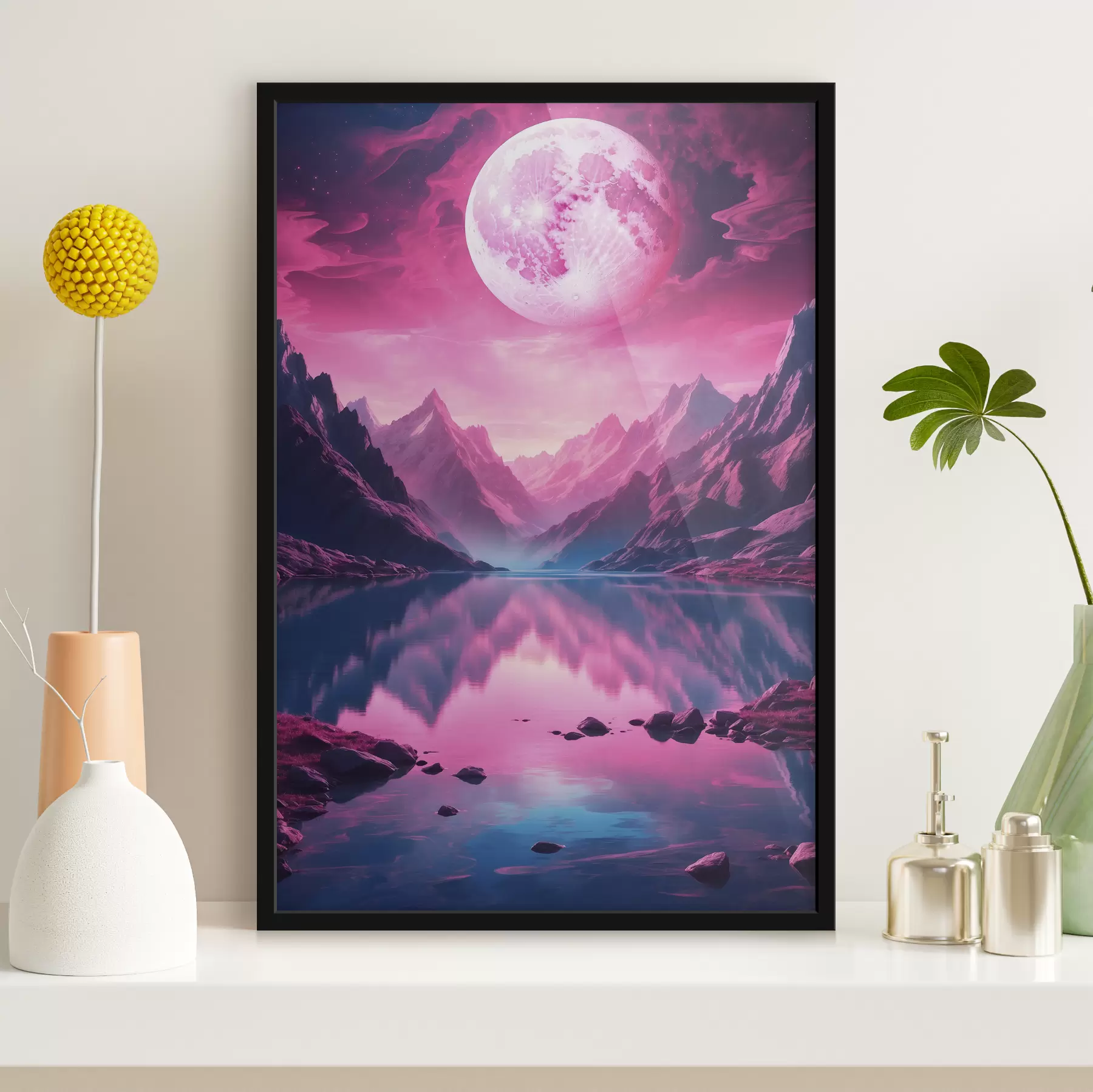 Fotobehang Roze maan boven een meer f39361