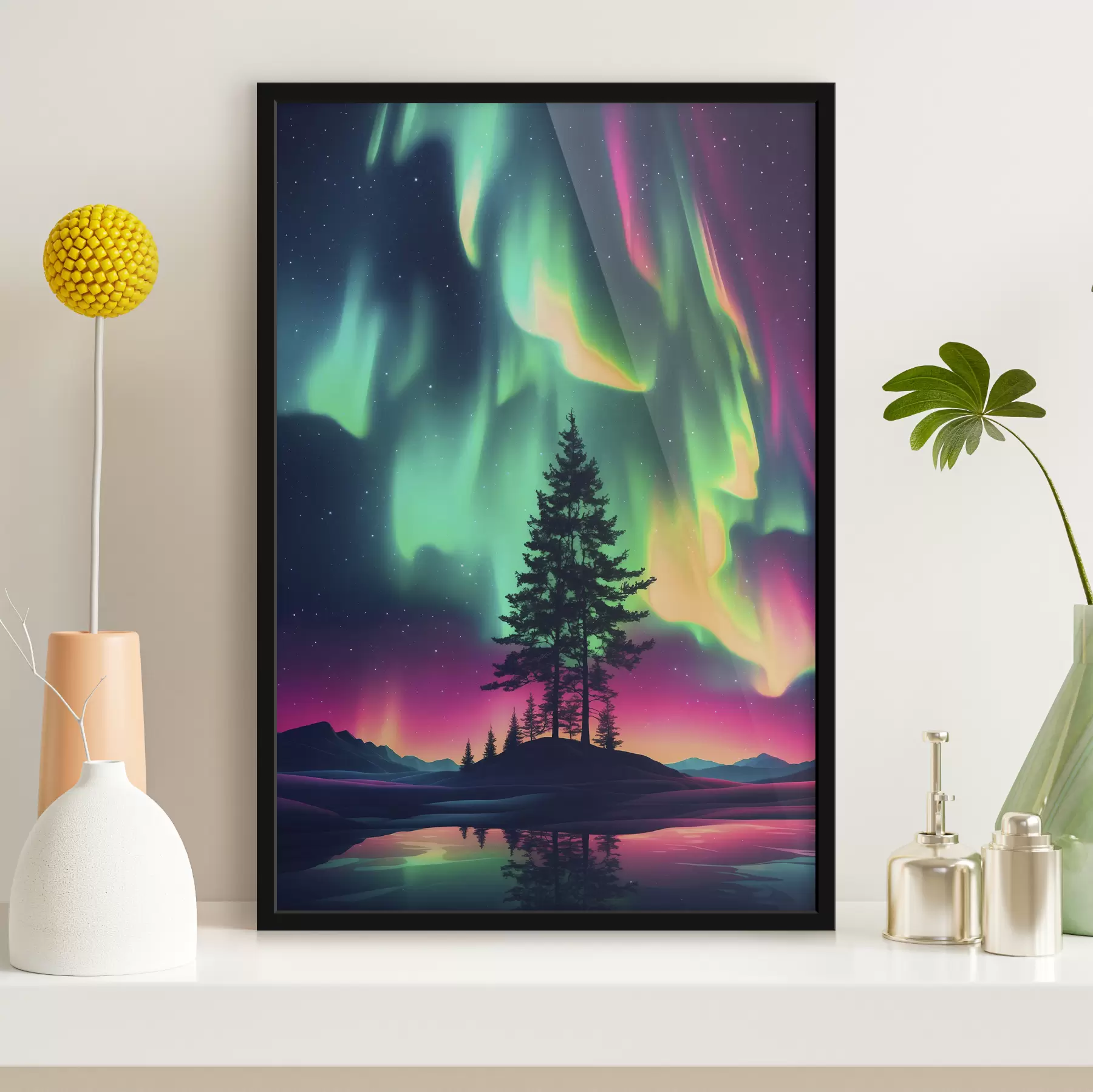 Fotobehang Noorderlicht boven kerstbomen f39366